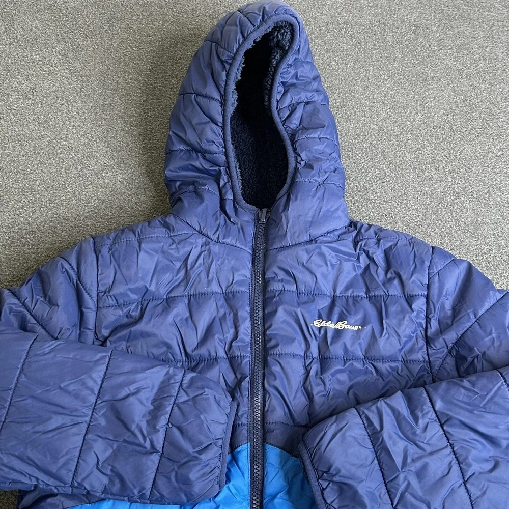 Eddie Bauer Jacket Kids Medium 10/12 Blue Hooded Puffer Reversible Sherpa Winter - Picture 5 of 14